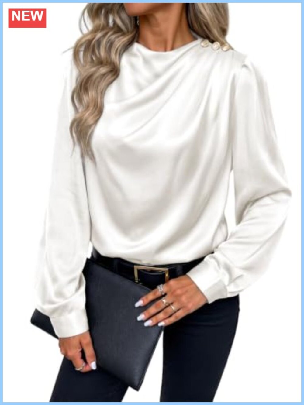 Satin Silk Mock Neck Blouse Long Puff Sleeve Dressy Casual